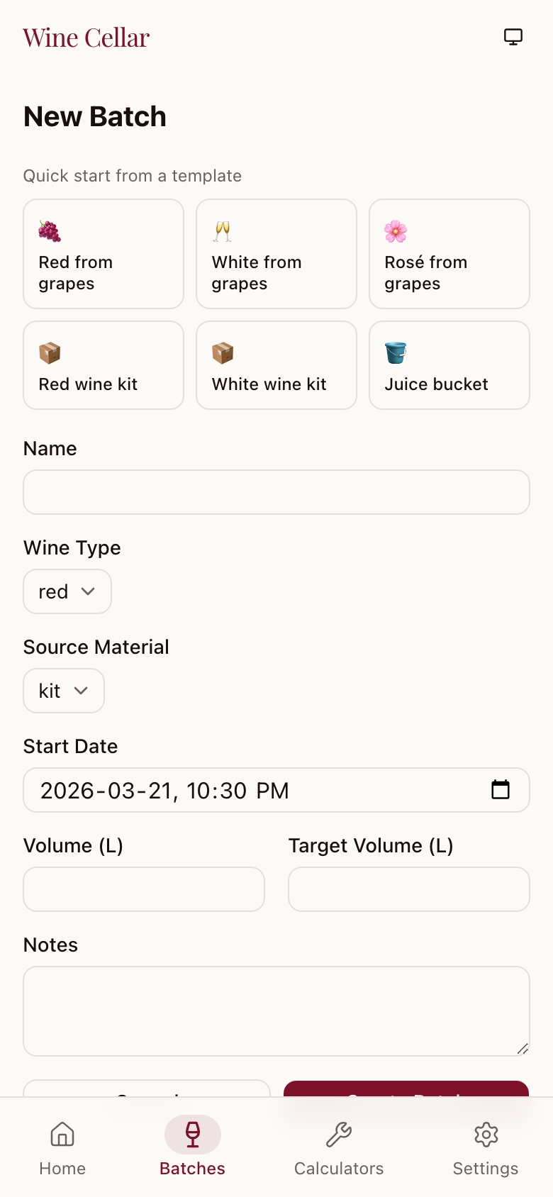 New batch form with templates