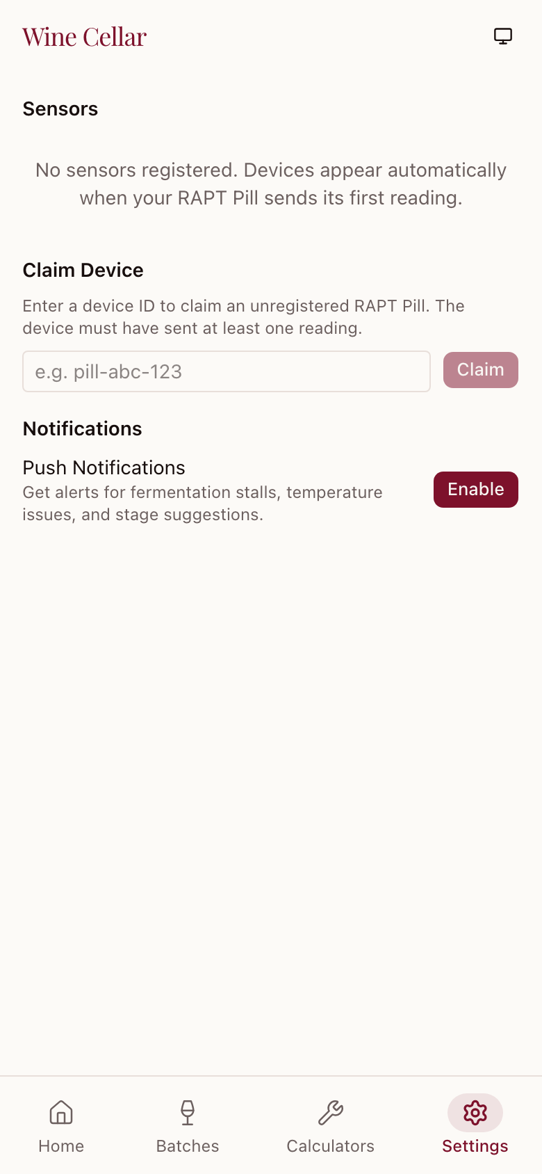 Settings page